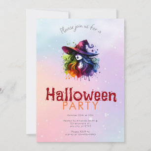 Rainbow Witch Hair Background  Halloween Party Invitation