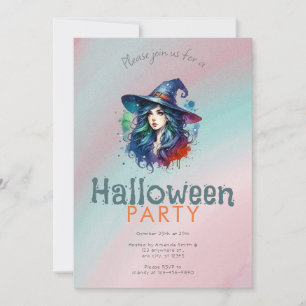 Rainbow Witch Hair Background  Halloween Party Invitation