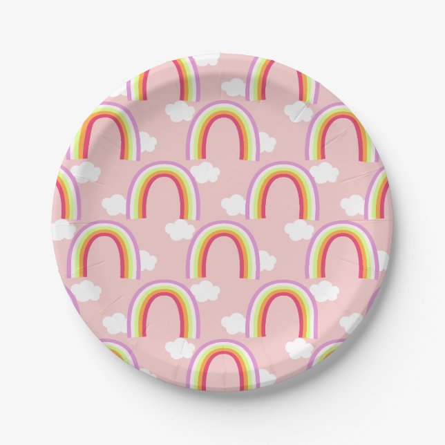 Rainbow with Cloud Pink Paper Plate (Front)
