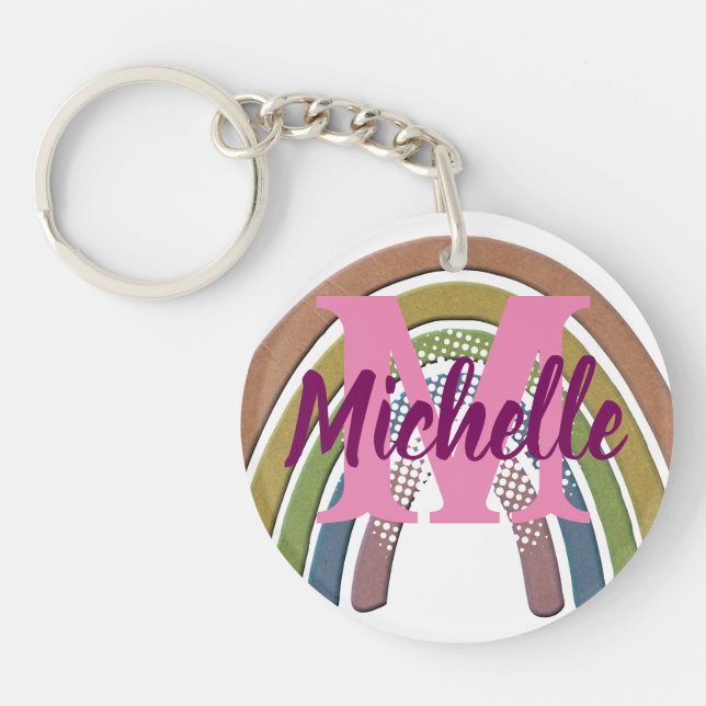 Rainbow With Faux Rustic Paper Texture Custom Name Key Ring (Front)