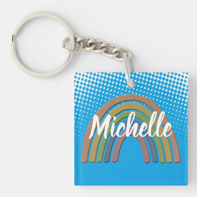 Rainbow With Faux Rustic Paper Texture Key Ring (Front)