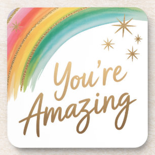 Rainbow with Gold Glitter and "You're Amazing"Text Coaster