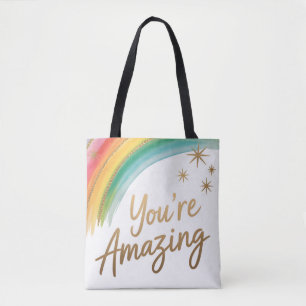 Rainbow with Gold Glitter and "You're Amazing"Text Tote Bag