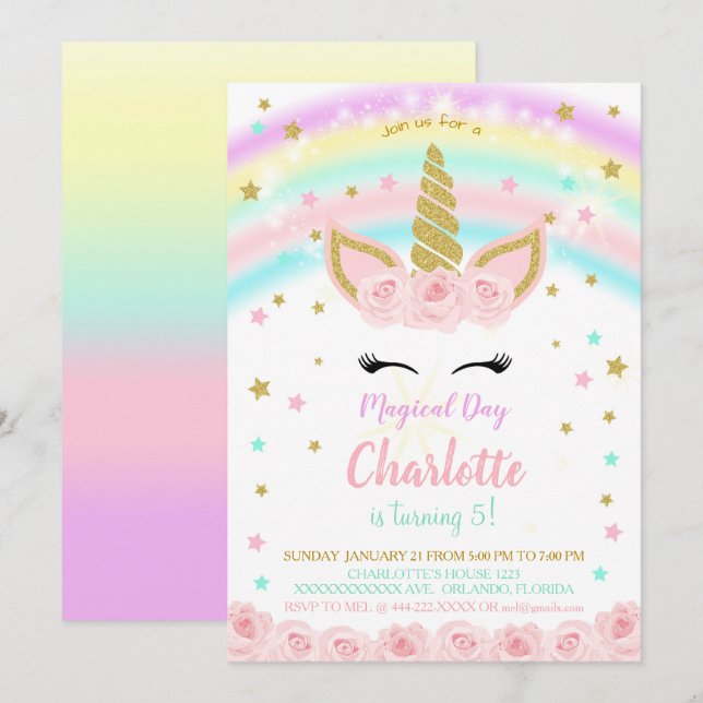 Rainbow With Pink Flowers Unicorn Invitation (Front/Back)