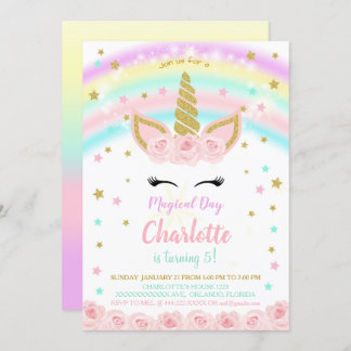Rainbow With Pink Flowers Unicorn Invitation