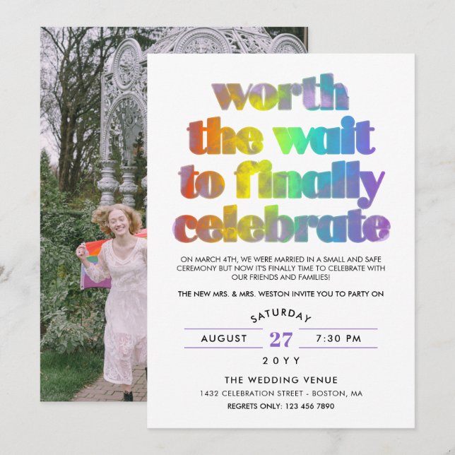 Rainbow Worth the Wait Sequel Wedding Celebration Invitation (Front/Back)
