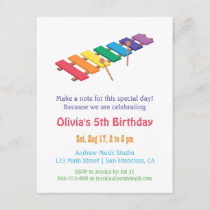 Rainbow Xylophone Kids Music Themed Birthday Party Invitation