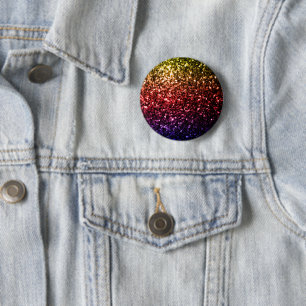 Rainbow yellow red purple faux glitter sparkles 6 cm round badge