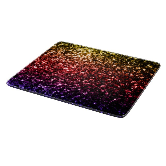 Rainbow yellow red purple faux glitter sparkles cutting board (Corner)