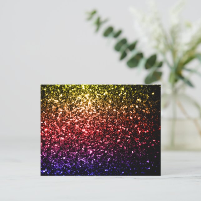 Rainbow yellow red purple faux glitter sparkles postcard (Standing Front)