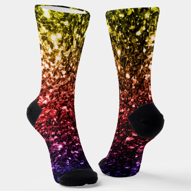 Rainbow yellow red purple faux glitter sparkles socks (Angled)