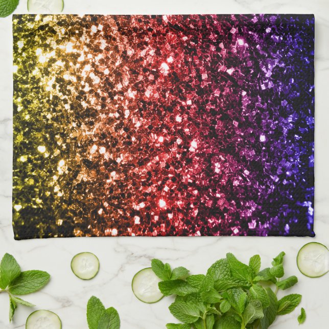 Rainbow yellow red purple faux glitter sparkles tea towel (Folded)