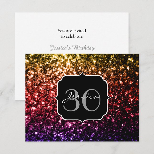 Rainbow yellow red purple faux sparkles Monogram Invitation (Front/Back)