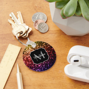 Rainbow yellow red purple faux sparkles Monogram Key Ring