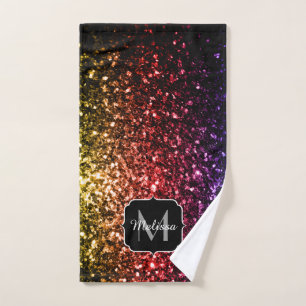 Rainbow yellow red purple sparkles Monogram Bath Towel Set