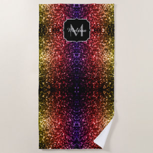Rainbow yellow red purple sparkles Monogram Beach Towel