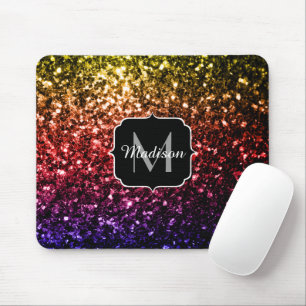 Rainbow yellow red purple sparkles Monogram Mouse Mat