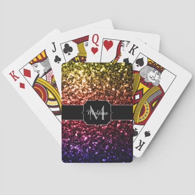 Rainbow yellow red purple sparkles Monogram Playing Cards (Back)