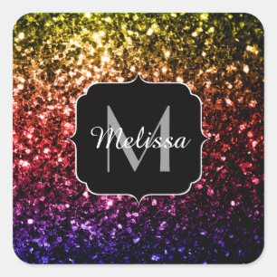 Rainbow yellow red purple sparkles Monogram Square Sticker