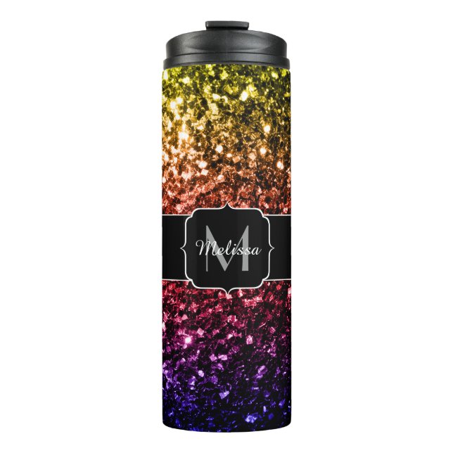 Rainbow yellow red purple sparkles Monogram Thermal Tumbler (Front)
