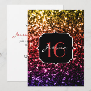 Rainbow yellow red purple sparkles Sweet 16 Invite