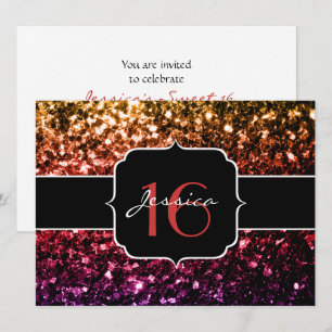 Rainbow yellow red purple sparkles Sweet 16 Invite