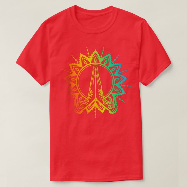 Rainbow Yoga Om Namaste Hands Of Woman Mandala Sty T-Shirt (Design Front)