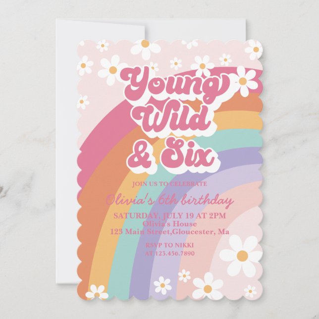 Rainbow Young Wild and Six 6th Birthday Invitation (Front)