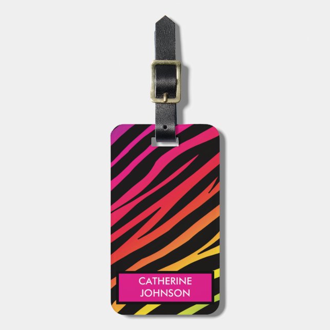 Rainbow zebra print multi colour  luggage tag (Front Vertical)