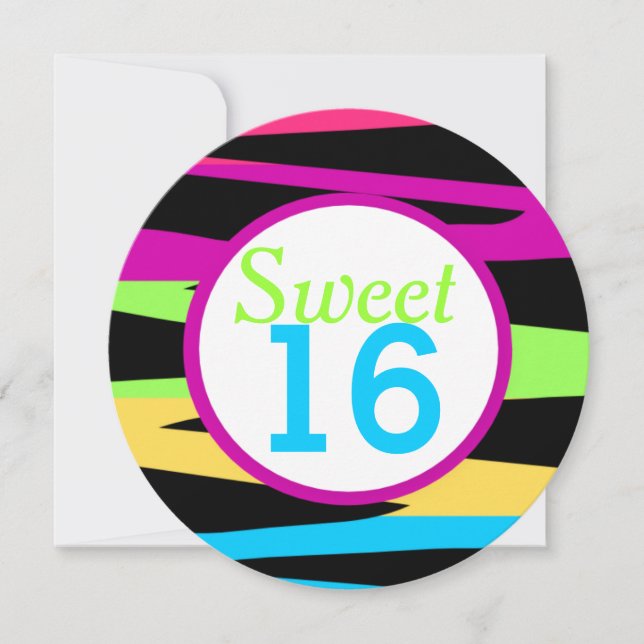 Rainbow Zebra Stripes Sweet Sixteen Birthday Party Invitation (Front)
