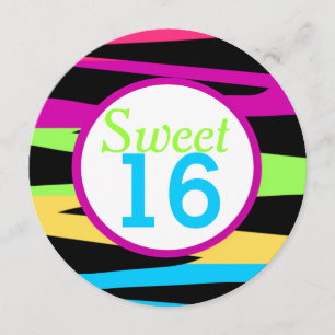 Rainbow Zebra Stripes Sweet Sixteen Birthday Party Invitation