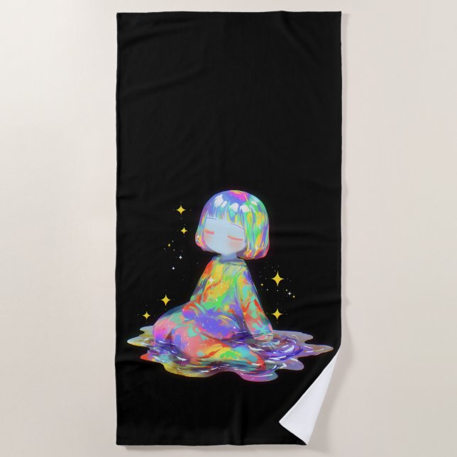 Rainbowcore Sleepy Chibi Drip Dream Beach Towel (Front)