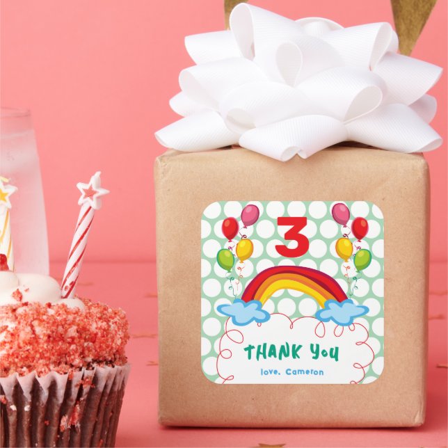 Rainbows And Balloons Kid's Birthday Party Favour Square Sticker (Party)