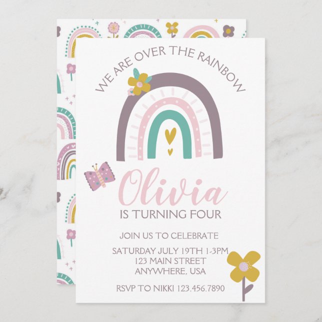 Rainbows and Flowers Birthday Party Invite (Front/Back)