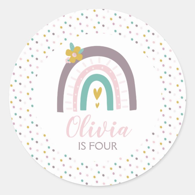Rainbows and flowers birthday party stickers (Front)