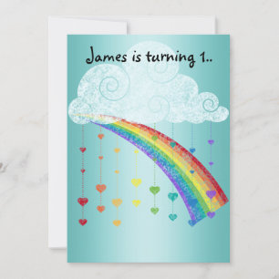 RAINBOWS AND HEART CLOUDS BLUE CHILDRENS PARTY INVITATION