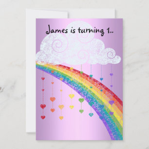 RAINBOWS AND HEART CLOUDS PINK CHILDRENS PARTY INVITATION