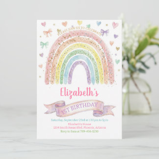 Rainbows and Hearts First Birthday Invite Pastel