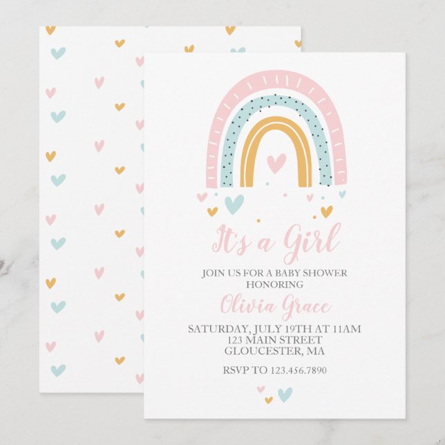 Rainbows and Hearts Girl Baby Shower Pastel Invitation (Front/Back)