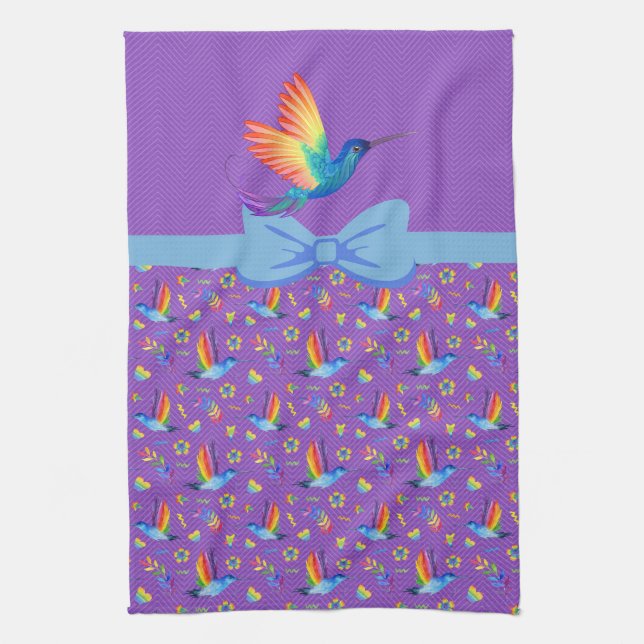 Rainbows and Love Humming Bird in Aubergine Tea Towel (Vertical)