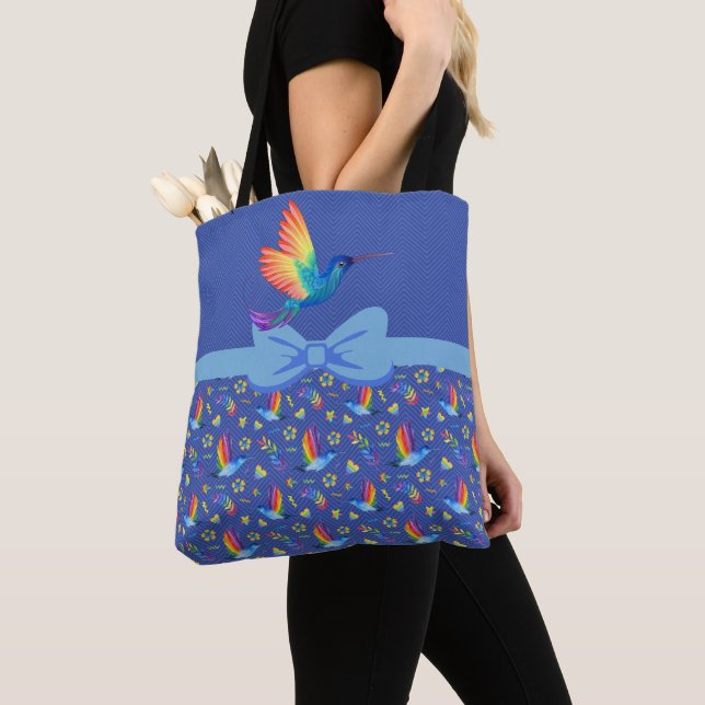 Rainbows and Love Humming Bird in Blueberry Tote Bag (Close Up)