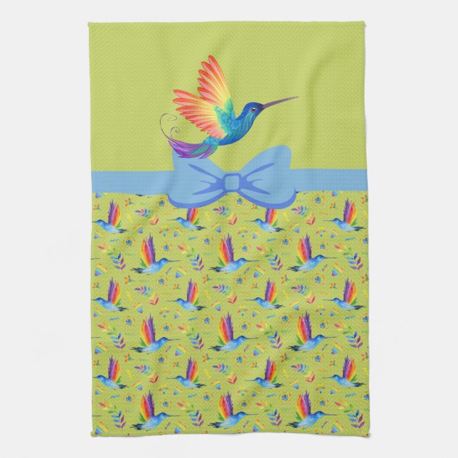 Rainbows and Love Humming Bird in Lime Tea Towel (Vertical)