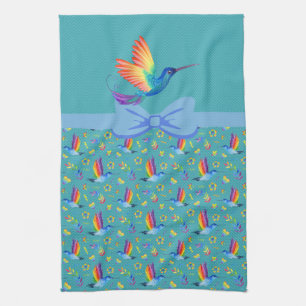 Rainbows and Love Humming Bird in Teal Tea Towel