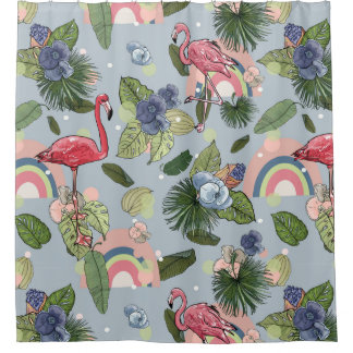 Rainbows and pink flamingos in tropical leaves and shower curtain