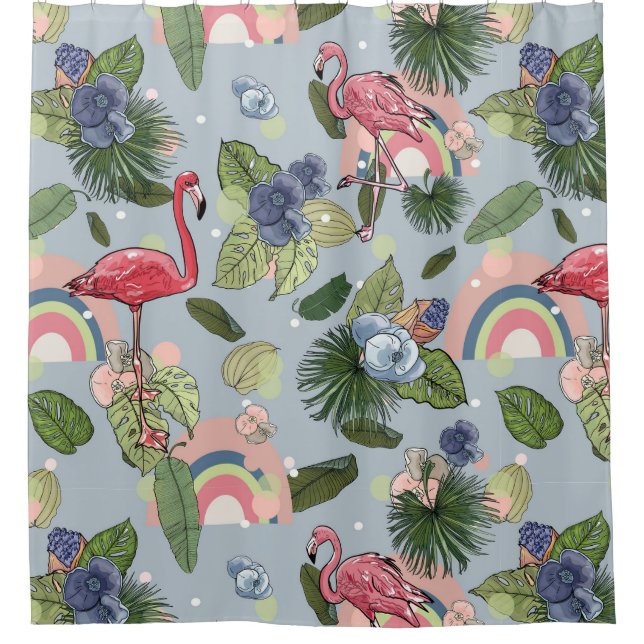 Rainbows and pink flamingos in tropical leaves and shower curtain (Front)