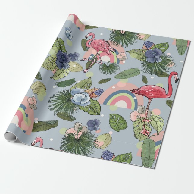Rainbows and pink flamingos in tropical leaves and wrapping paper (Unrolled)