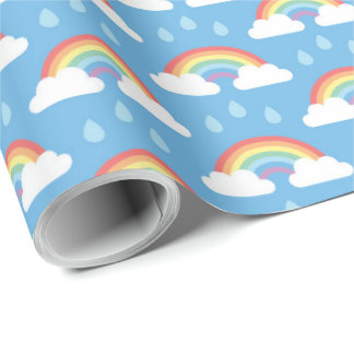 Rainbows and Raindrops on Light Blue Wrapping Paper