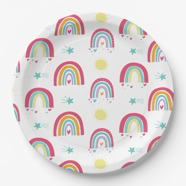 Rainbows and suns Birthday Pink and Purple Party Paper Plate (Front)