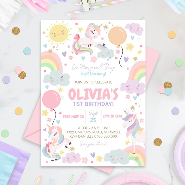 Rainbows and Unicorns Birthday Invitation Unicorn (Rainbows and Unicorns Party Invitation)