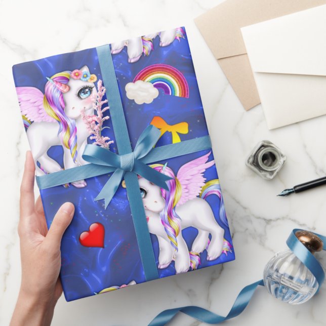 Rainbows and Unicorns Blue Silk Wrapping Paper (Creator Uploaded)